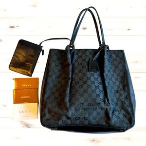 SOLD Authentic Gucci Tote Bag GG Monogram Canvas Black with Leather Pouch
